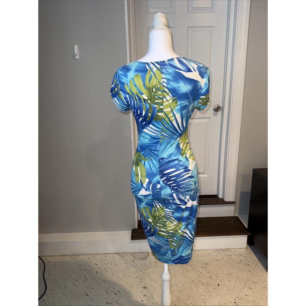 Cache Dress Womens Small V Neck Wrap Stretch Blue Faux Wrap Vintage Tropical - Picture 4 of 7